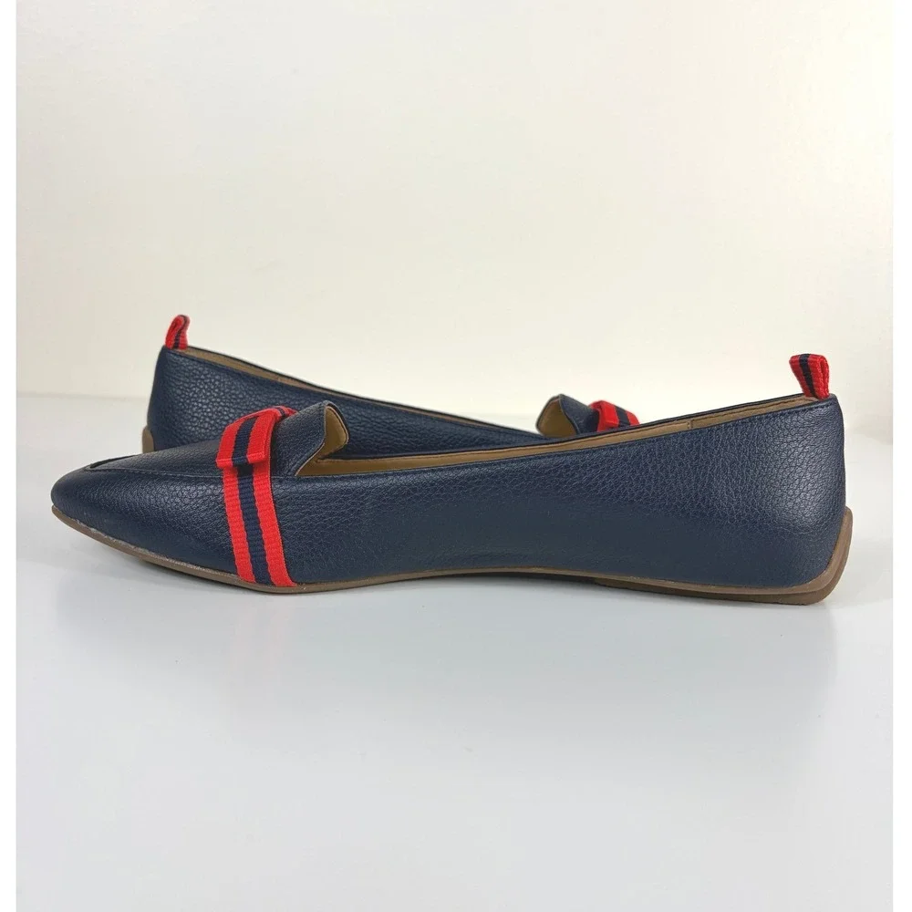 Talbots Francesca Driving Moccasin Grosgrain Bow Navy Red Size 7.5 AA NWOT Prep